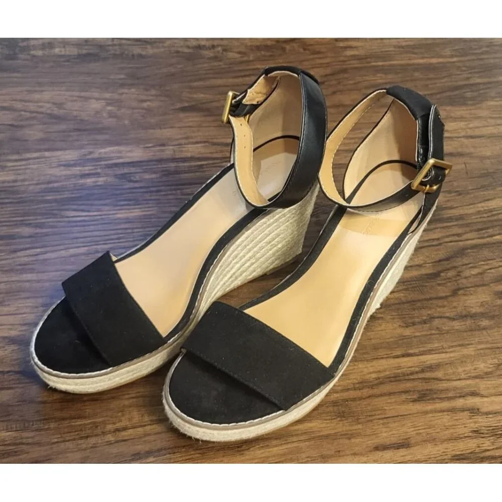 Banana Republic Black Suede Espadrille Wedge Sandals Sz 9 Minimalist Preppy